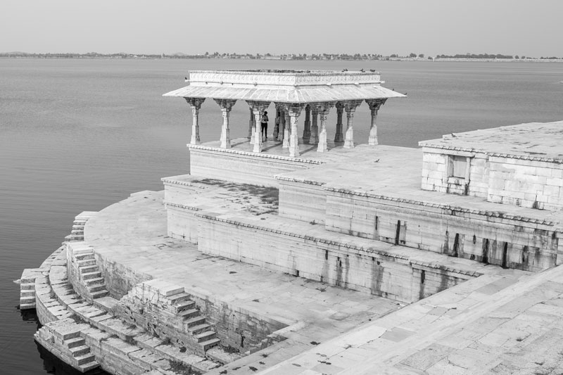 View of a pavilion ('mandap') along with two lower levels of staircases going down to the water at the Rajsamand embankment
